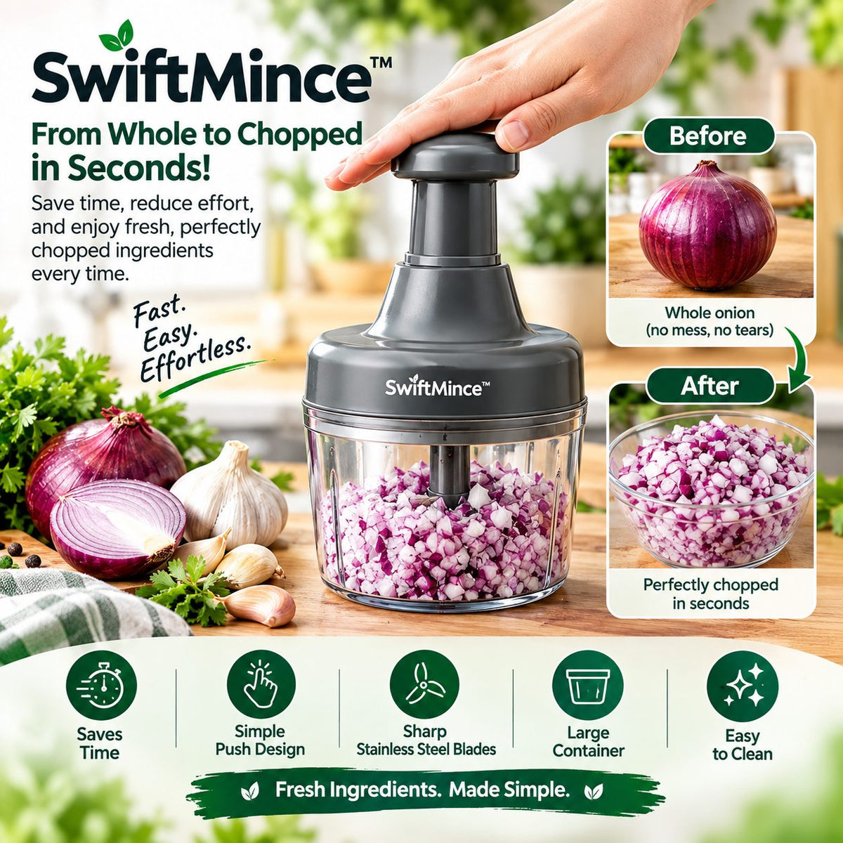 SwiftMince Hand-Pressed Food Chopper — whole onion to chopped in seconds