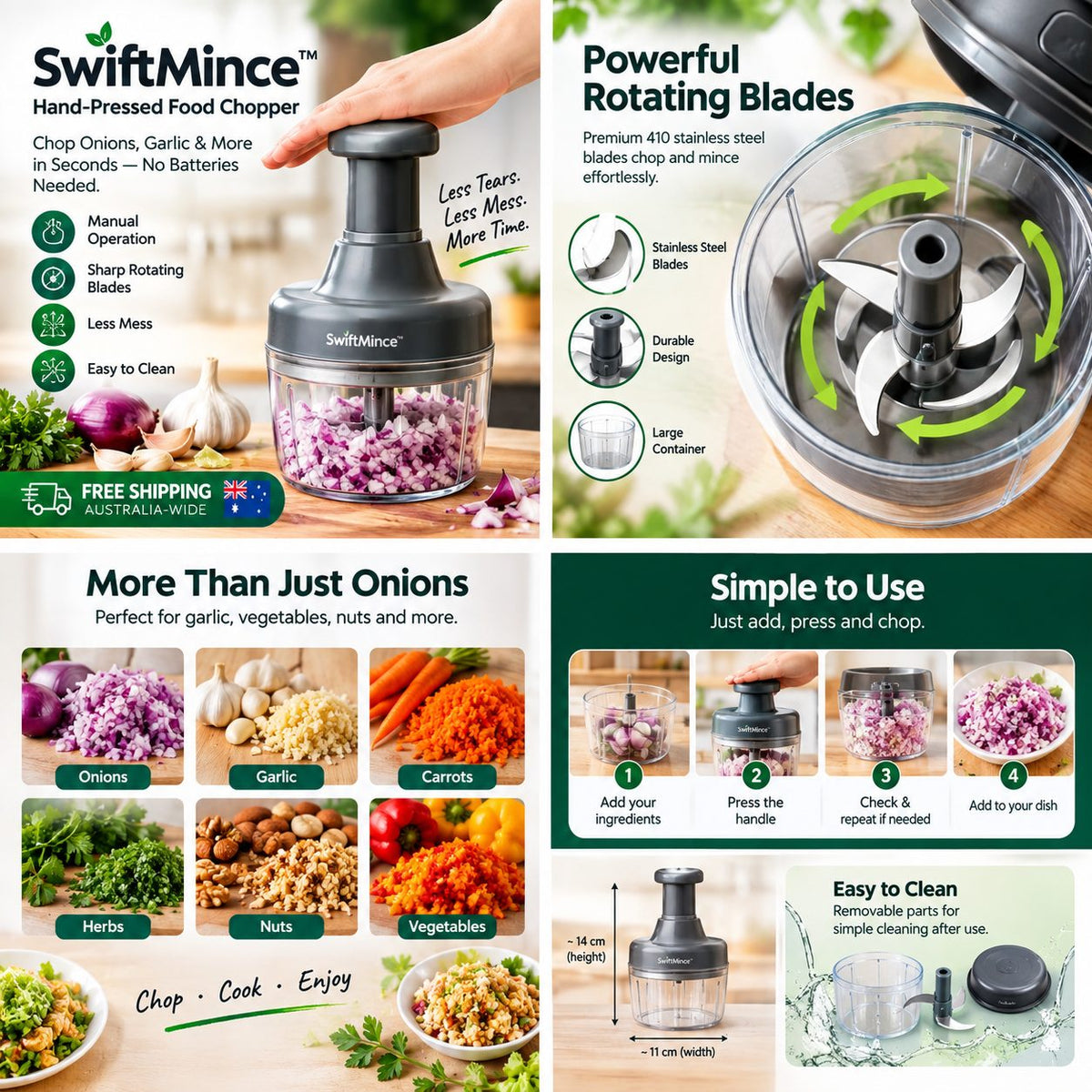 SwiftMince Hand-Pressed Food Chopper — product features and simple operation