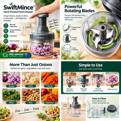 SwiftMince Hand-Pressed Food Chopper — product features and simple operation